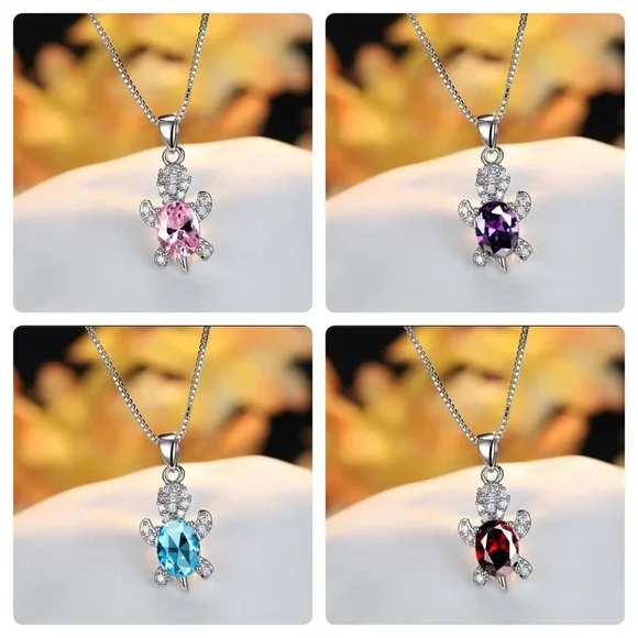 “Just Keep Swimming” Pink Gemstone Turtle Diamond Sterling Silver Gift Necklace - Picture 8 of 12